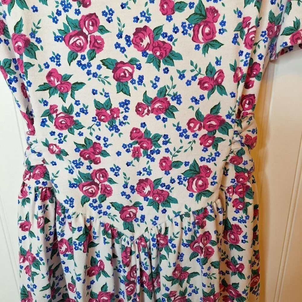 Polly Flinders Girls Drop Waist Dress Pink Floral Sashes Puff Sleeve Sz ??‎ VTG